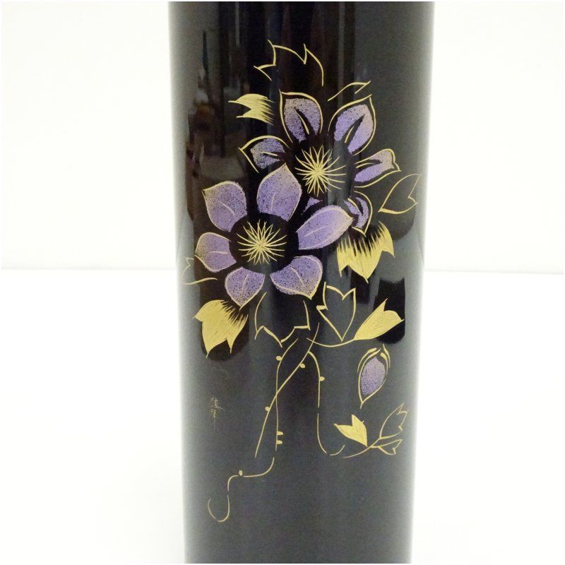 輪島塗 大角博明造 漆塗沈金花図花器（花台付）（共箱） 花瓶 生け花