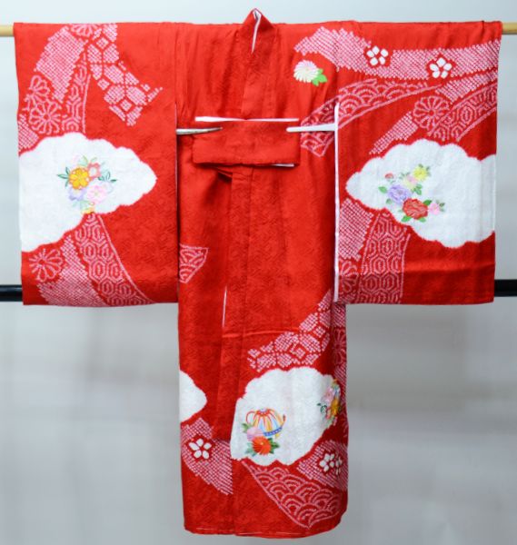お宮参り産着 正絹 のしめ 女児 着物 高級 絞り 総刺繍 綸子地 赤地 毬