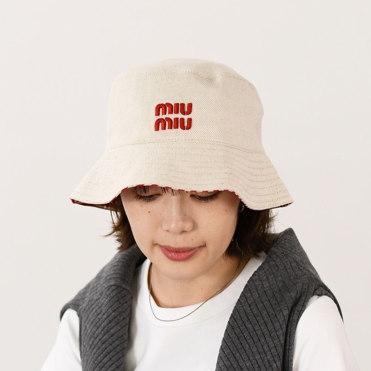 MIU MIU ミュウミュウ 帽子 ストライプリネンブレンド バケットハット 