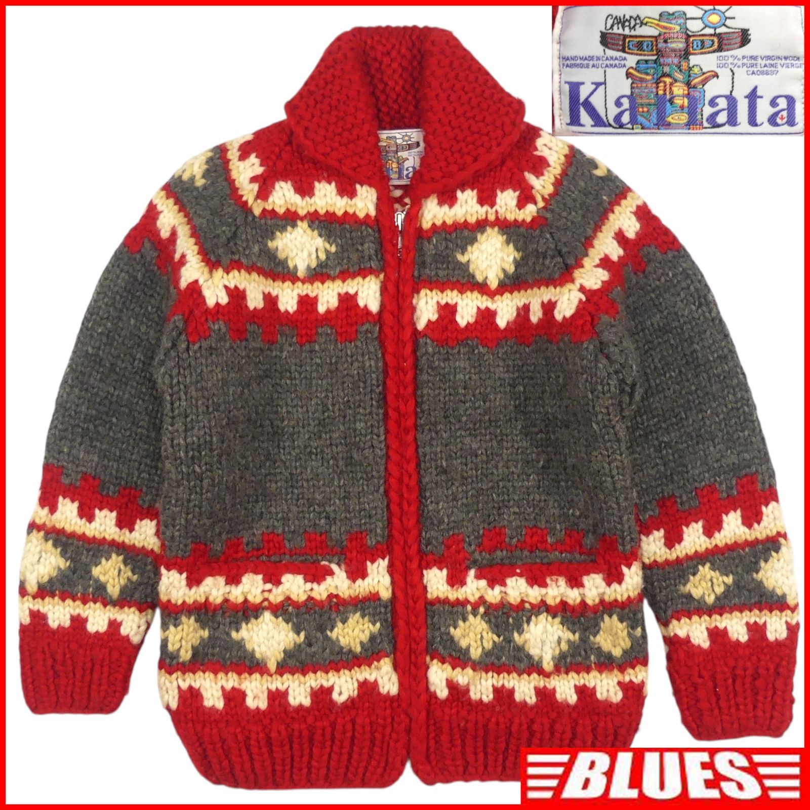 カウチンセーター kanata ニット M カナダ製 カナタ 赤 グレー 総柄
