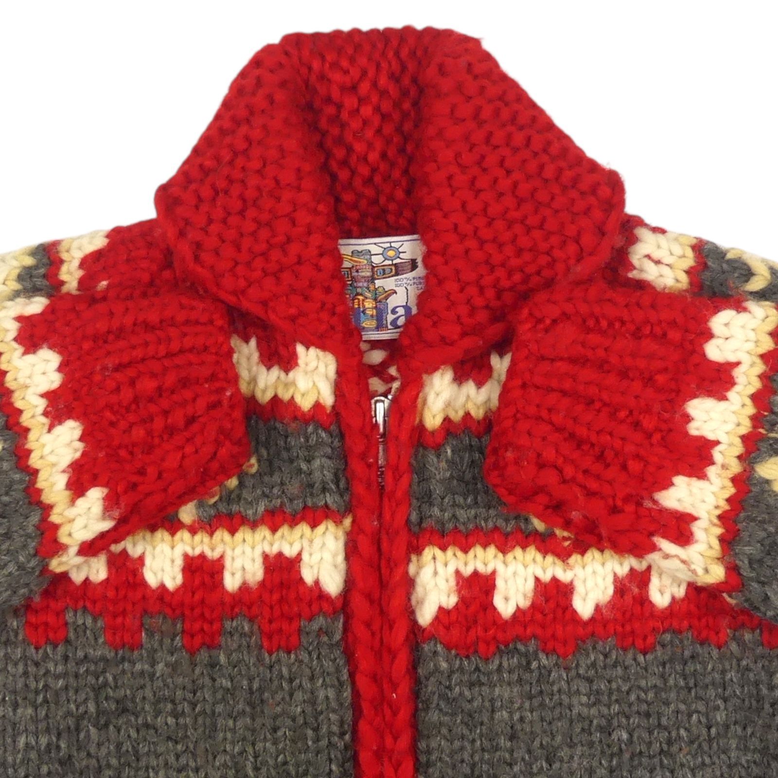 カウチンセーター kanata ニット M カナダ製 カナタ 赤 グレー 総柄