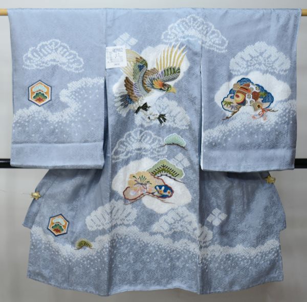 お宮参り 産着 男児 正絹 のしめ 着物 高級 綸子地 絞り 総刺繍 グレー