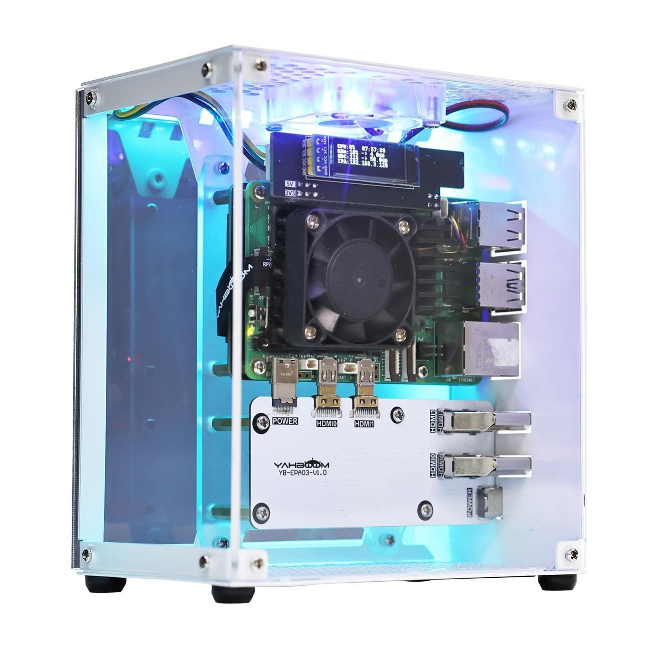 新品 Yahboomラズベリーパイ5 M.2 SSDPCIeミニPCシャーシ、Pi 5に適用し、タワー型ラジエータ、RGBファン、OLEDディスプレイ付属M.2 PCIE拡張ボード256 GB NVME SSD付き