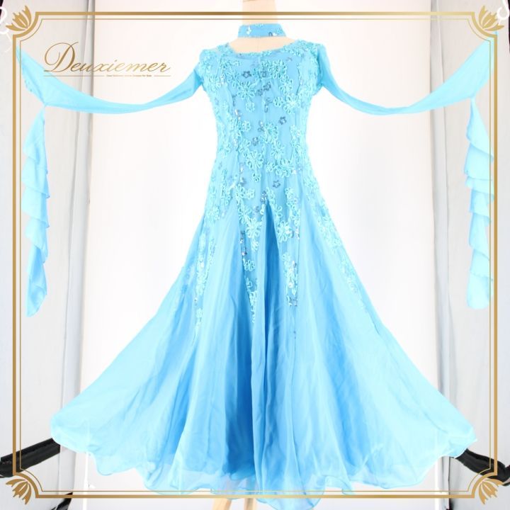 【美品 社交ダンス衣装】ワンピース ドレス 水色 ライトブルー チョーカー 長袖 社交ダンス 衣装 スタンダード ドレス ワンピース パーティドレス