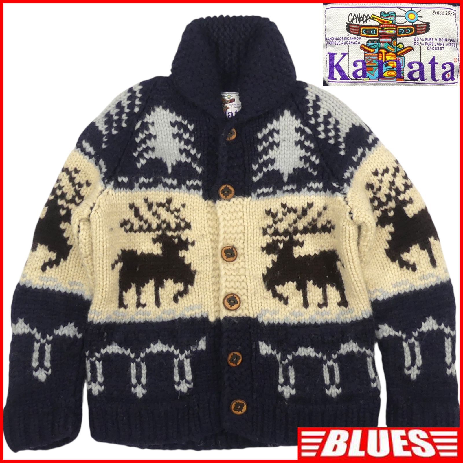カウチンセーター kanata ニット L カナダ製 カナタ 紺 ネイビー 鹿