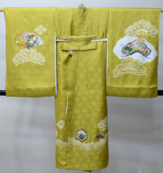 お宮参り 産着 男児 正絹 のしめ 着物 高級 綸子地 絞り 総刺繍 くすん