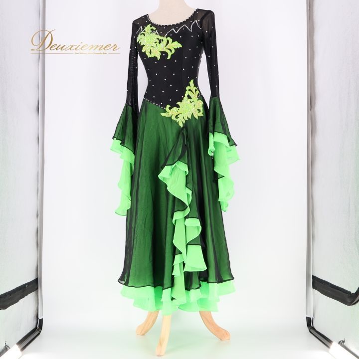 【日本製 社交ダンス衣装】グリーン サンヨシムラ ワンピース ドレス 緑 蛍光 社交ダンス 衣装 スタンダードドレス ワンピース ドレス 黒 レース