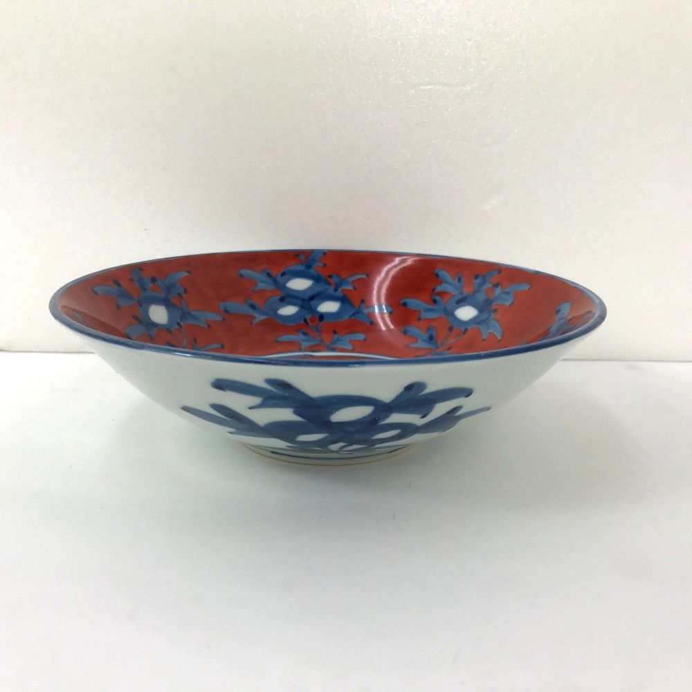 長期保管未使用品 有田焼 源右衛門窯 赤濃牡丹絵鉢 手描き 木箱付き