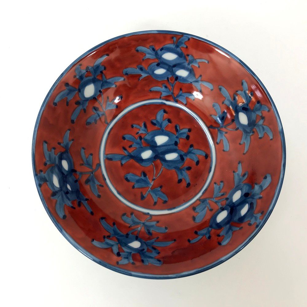 長期保管未使用品 有田焼 源右衛門窯 赤濃牡丹絵鉢 手描き 木箱付き