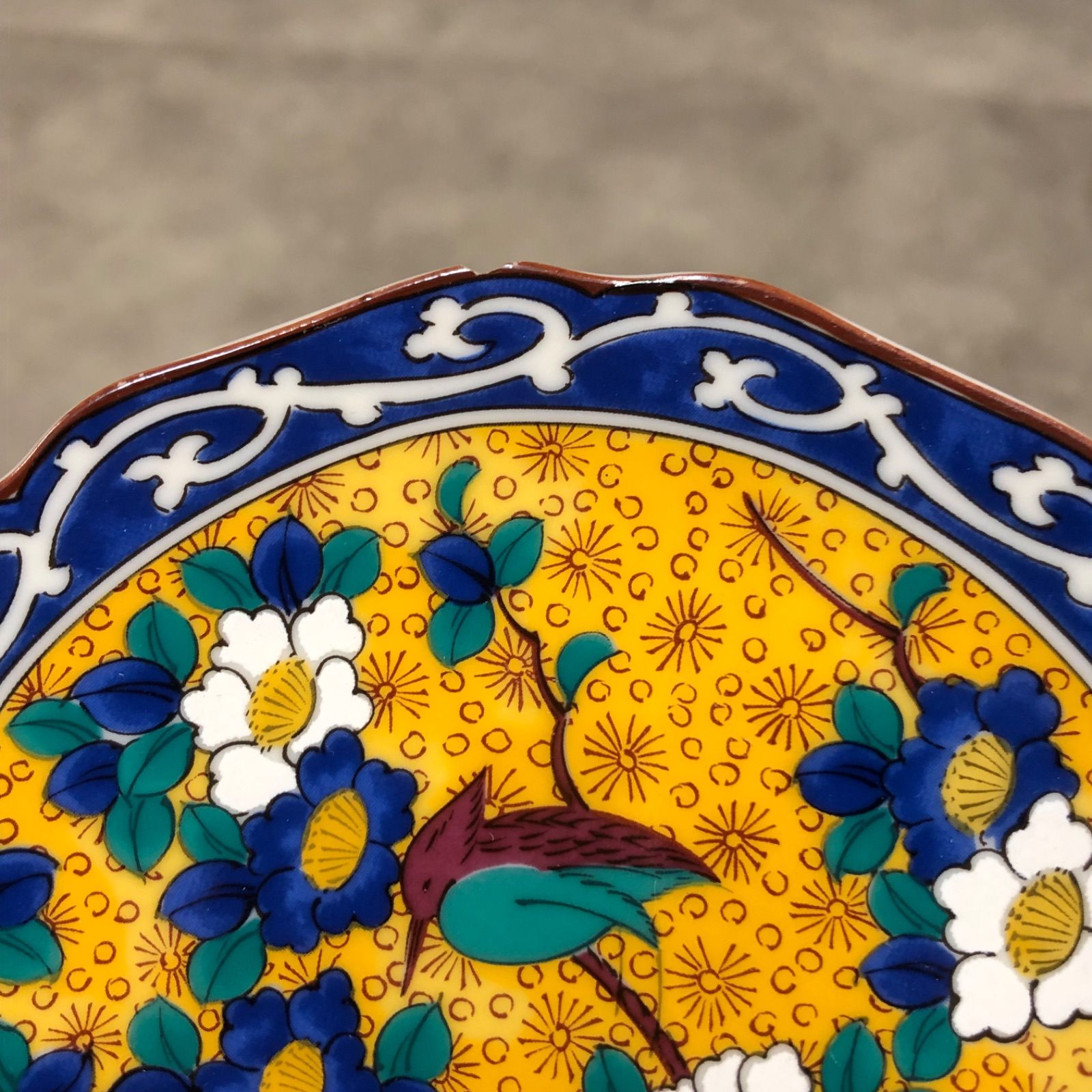 0）◎505 九谷焼 花柄の丸型皿 5枚セット 黄地花鳥図 12.7cm 銘々皿