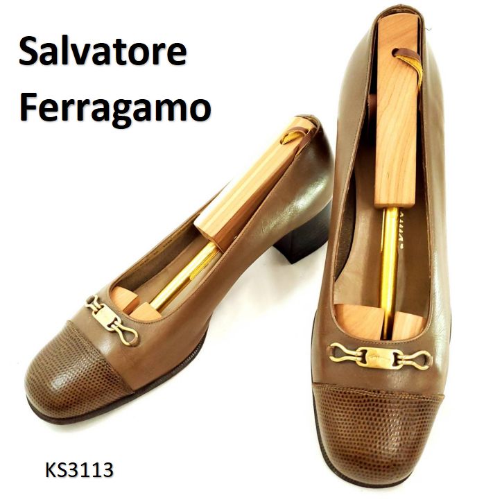 【未使用級】サルバトーレフェラガモ パンプス レザー ゴールド 7C 24.5 サルヴァトーレフェラガモ ヴァラ 金具 リザード 型押し レザー US7.5