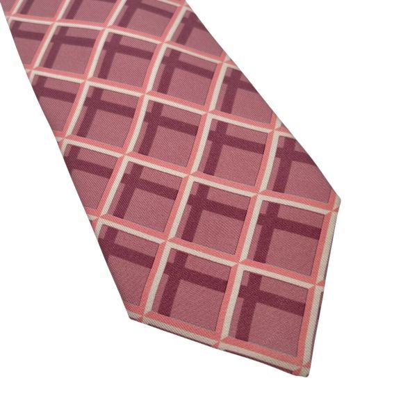 ○ エルメス HERMES ネクタイ マイクロパターン 格子柄 ピンク 赤 白