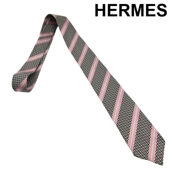 ○ エルメス HERMES ネクタイ H デザイン ストライプ 黒 ピンク 白