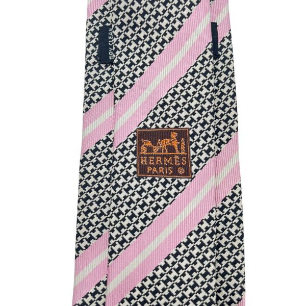 ○ エルメス HERMES ネクタイ H デザイン ストライプ 黒 ピンク 白