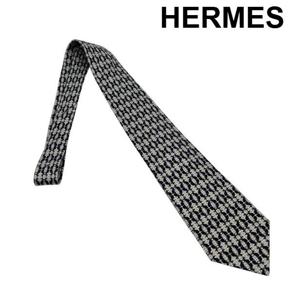 ○ エルメス HERMES ネクタイ 幾何学模様 ジオメトリック 黒 白 シルク