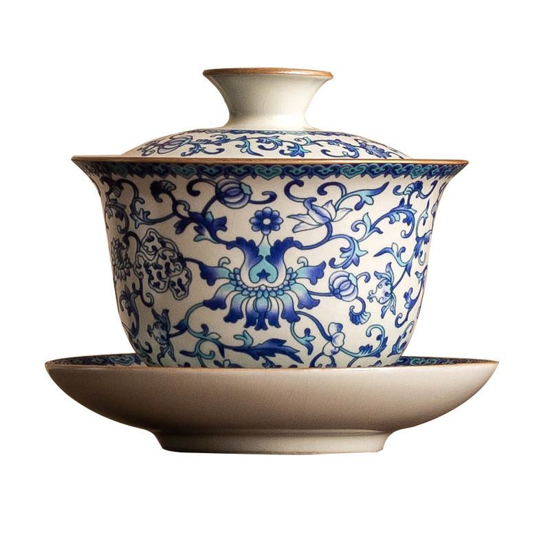 新品未使用 汝窯 陶磁器 三才 蓋碗 ティーカップ 家用 青花 枝 功夫