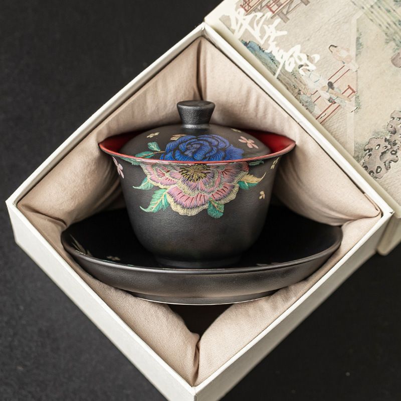 新品未使用 牡丹 花 高級 蓋碗 ティーカップ 墨 お茶入れ 碗 家用 蓋
