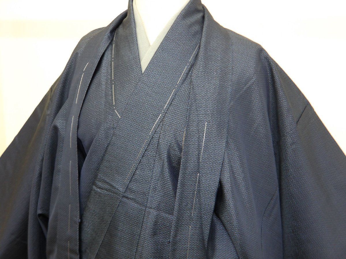 ◇みやがわ p01.男物 本場大島紬 着物 羽織 アンサンブル 青 亀甲 