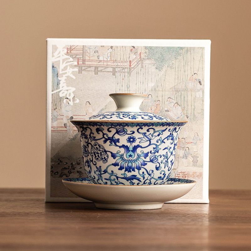 新品未使用 汝窯 陶磁器 三才 蓋碗 ティーカップ 家用 青花 枝 功夫