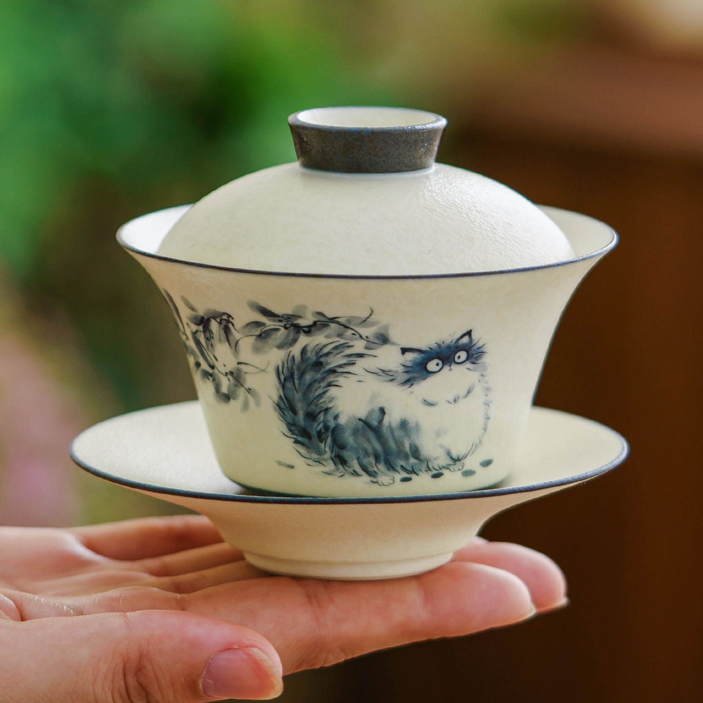 新品未使用 岩白 三才 蓋碗 青花 猫 1 個 高級 陶磁器 茶碗 蓋付き