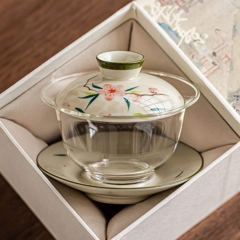 新品未使用 手作り 桃花 三才 蓋碗 1 個 高級 ガラス 茶道具 茶碗 蓋