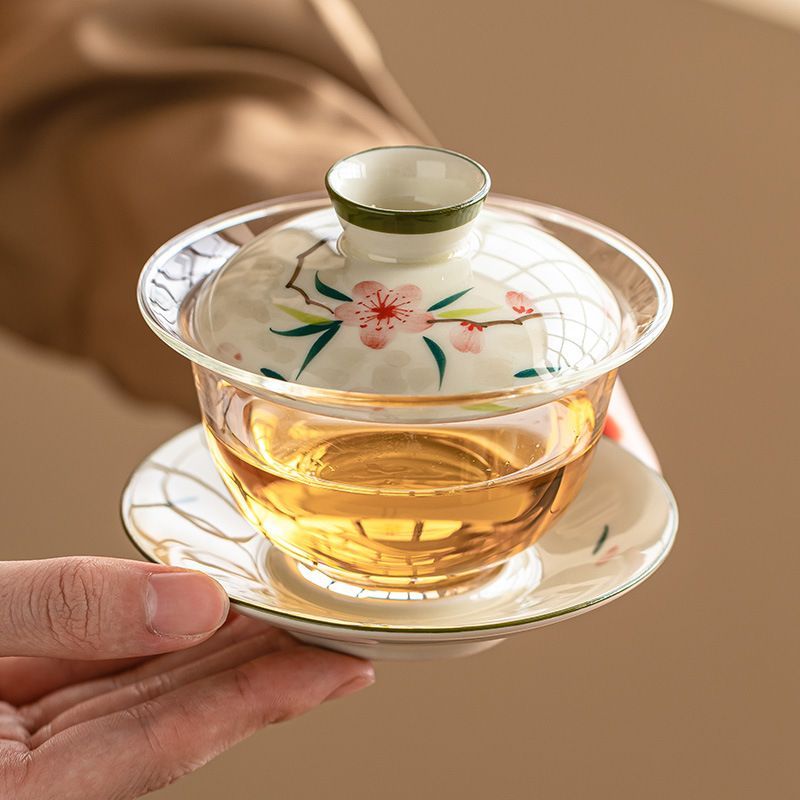 新品未使用 手作り 桃花 三才 蓋碗 1 個 高級 ガラス 茶道具 茶碗 蓋