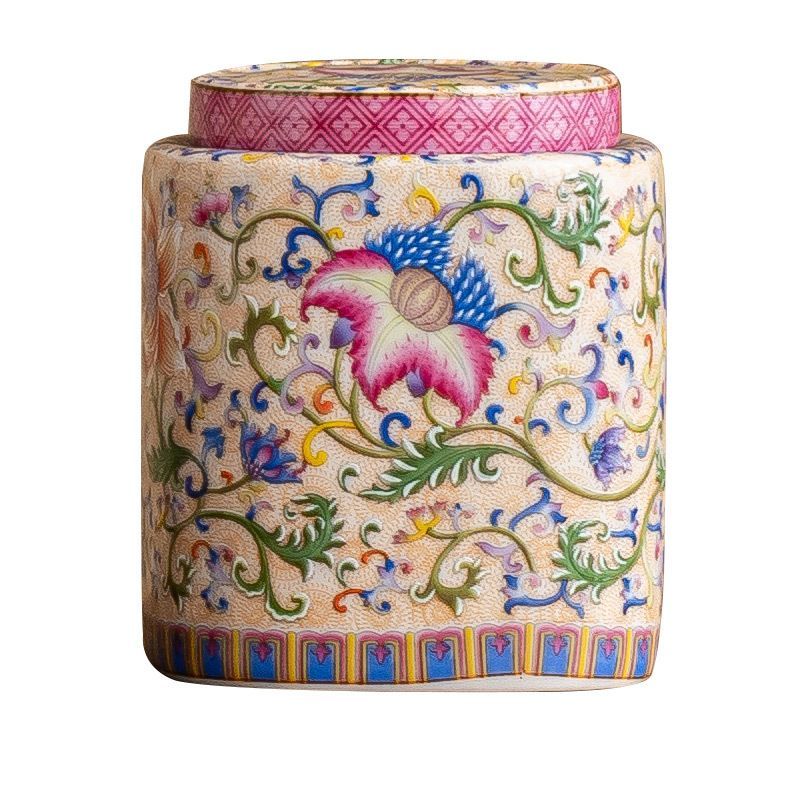 新品未使用 琺瑯彩茶葉缶 空缶 高級密閉防湿缶 中国風茶缶 家庭用陶器