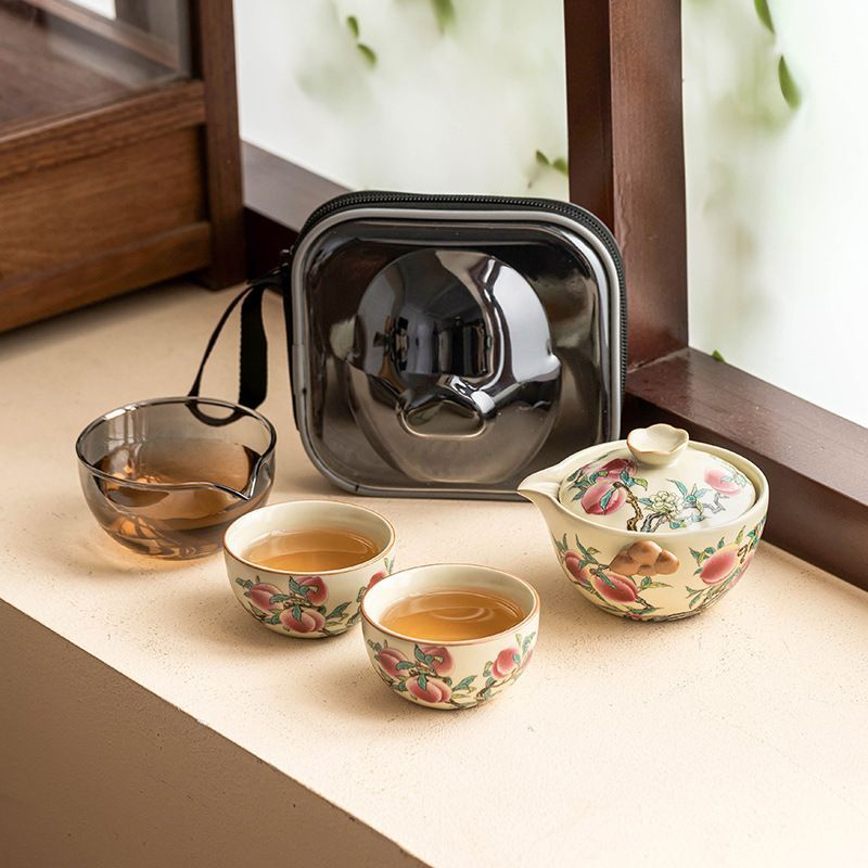 新品未使用 汝窯 粉彩九桃 トラベル 茶道具 セット 野外 ポータブル