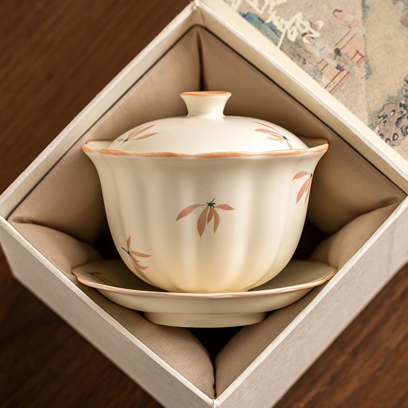 新品未使用 米黄釉花柄中国風三才蓋碗 大容量家庭用茶碗 蓋付き耐熱