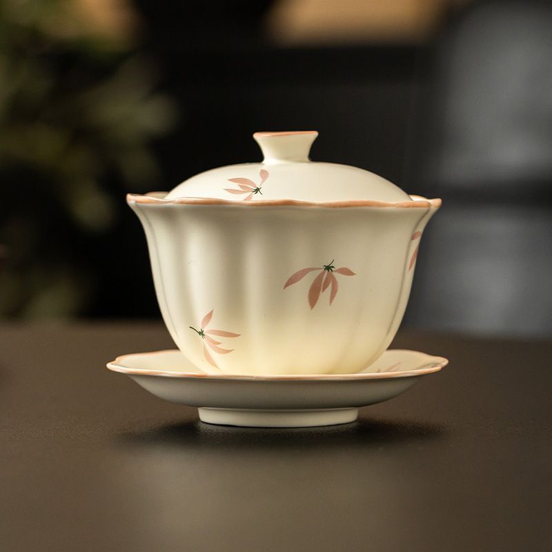 新品未使用 米黄釉花柄中国風三才蓋碗 大容量家庭用茶碗 蓋付き耐熱