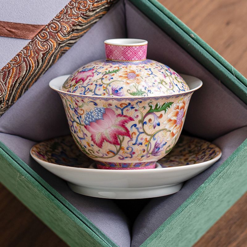 新品未使用 琺瑯彩玲瓏蓋碗 個人用高級三才茶碗 耐熱陶器 家庭用お茶器