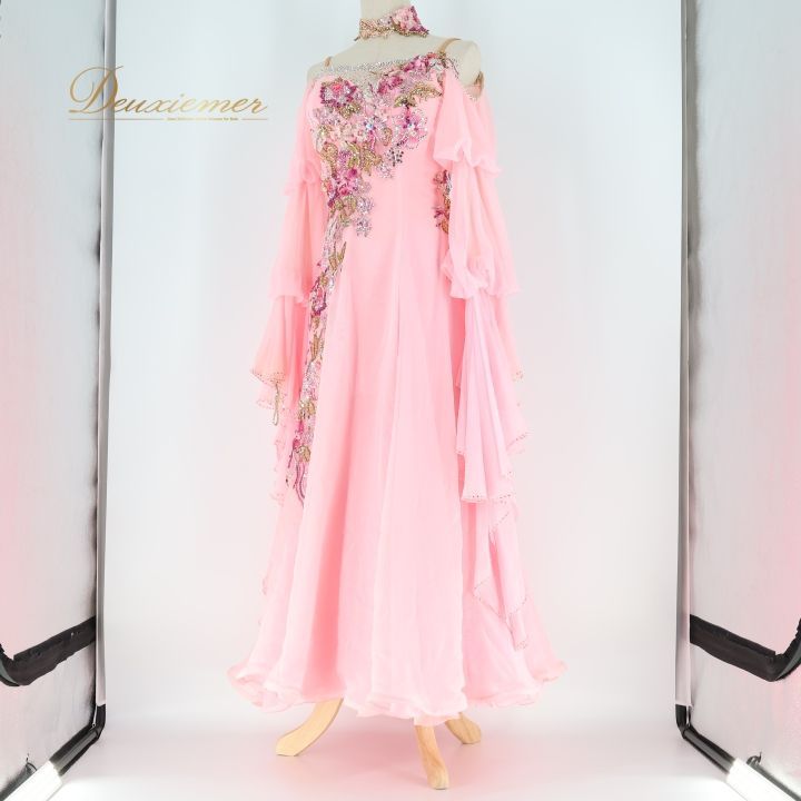 白樺ドレス　社交ダンスドレス　ピンク×ブラックグラデーション 社交ダンス用ピンクグラデーションドレスL 社交ダンス用ピンク