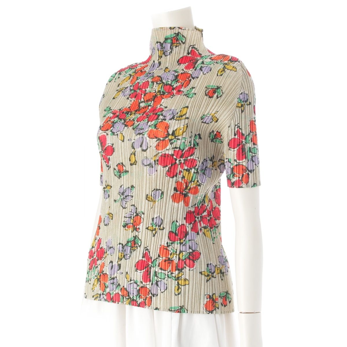 プリーツプリーズ イッセイミヤケ 花柄 総柄 半袖 ボトルネック