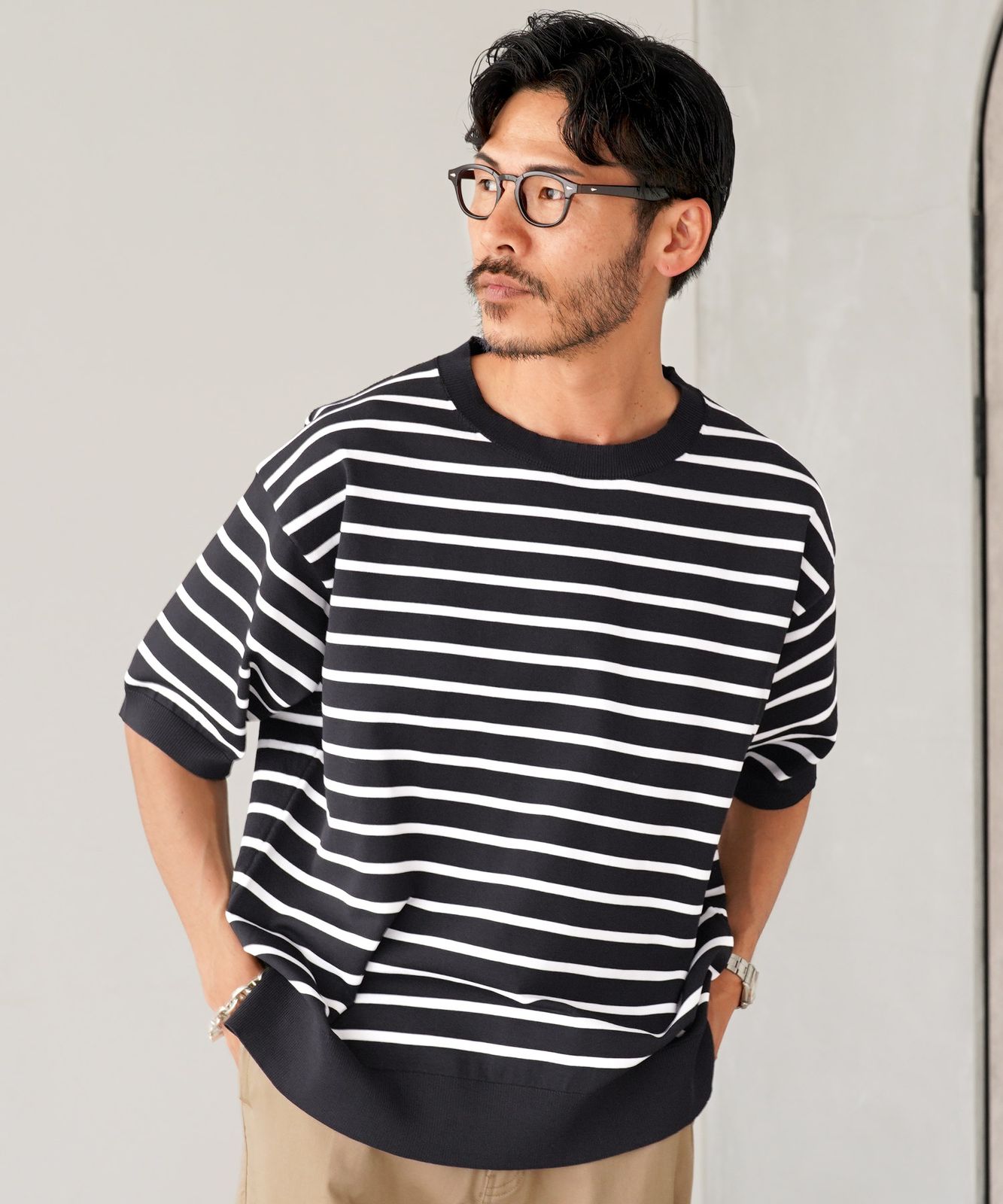 新品 未使用 JIGGYS SHOP(ジギーズショップ)5分袖クルーネックニットTシャツ 217887 ブラック×オフ - メルカリ