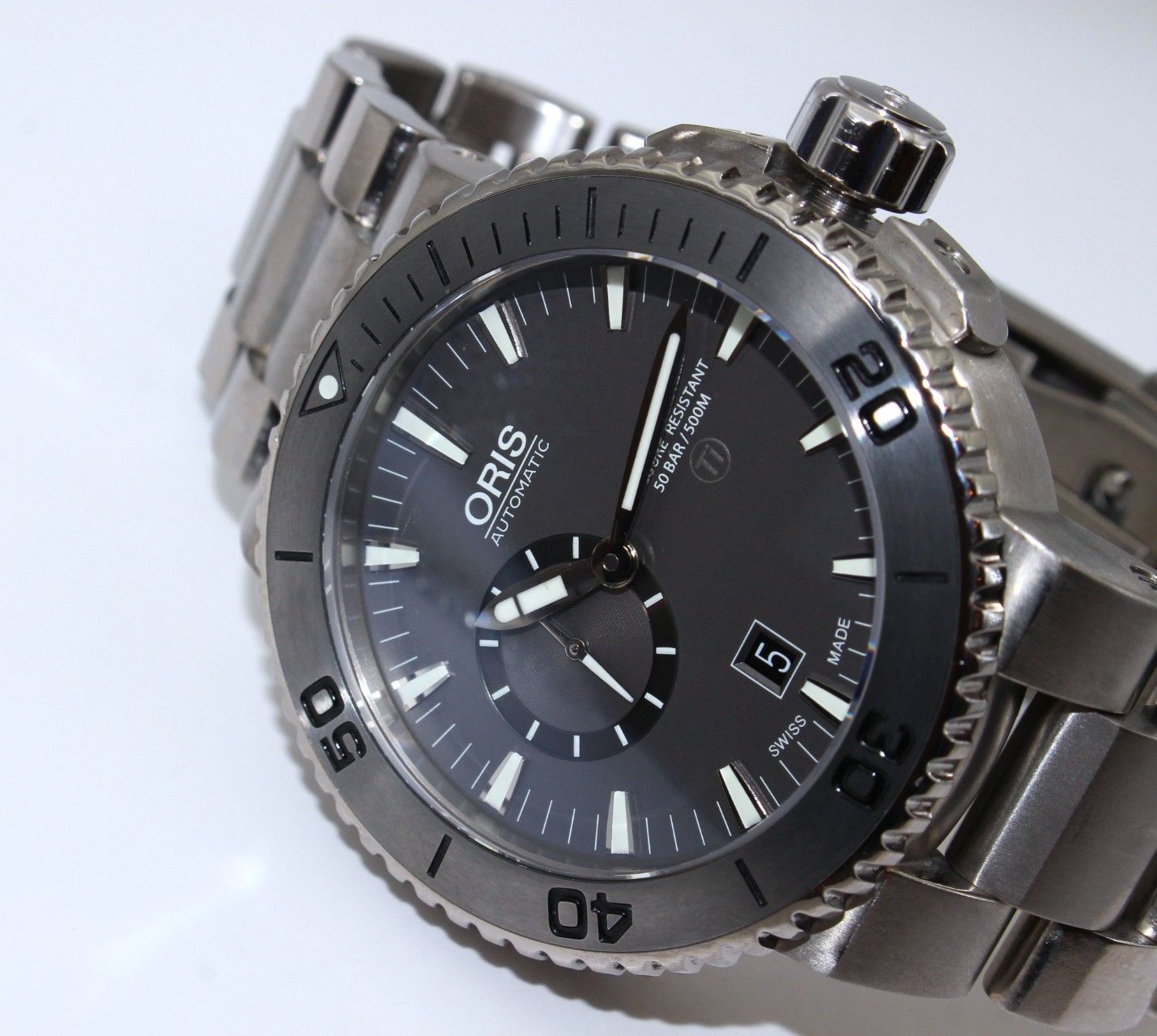 VRW 1547 時計 ORIS オリス 01 743 7664 7253 アクイス スモールセコンド デイト GR文字盤 メンズ 自動巻き 腕時計 稼働品