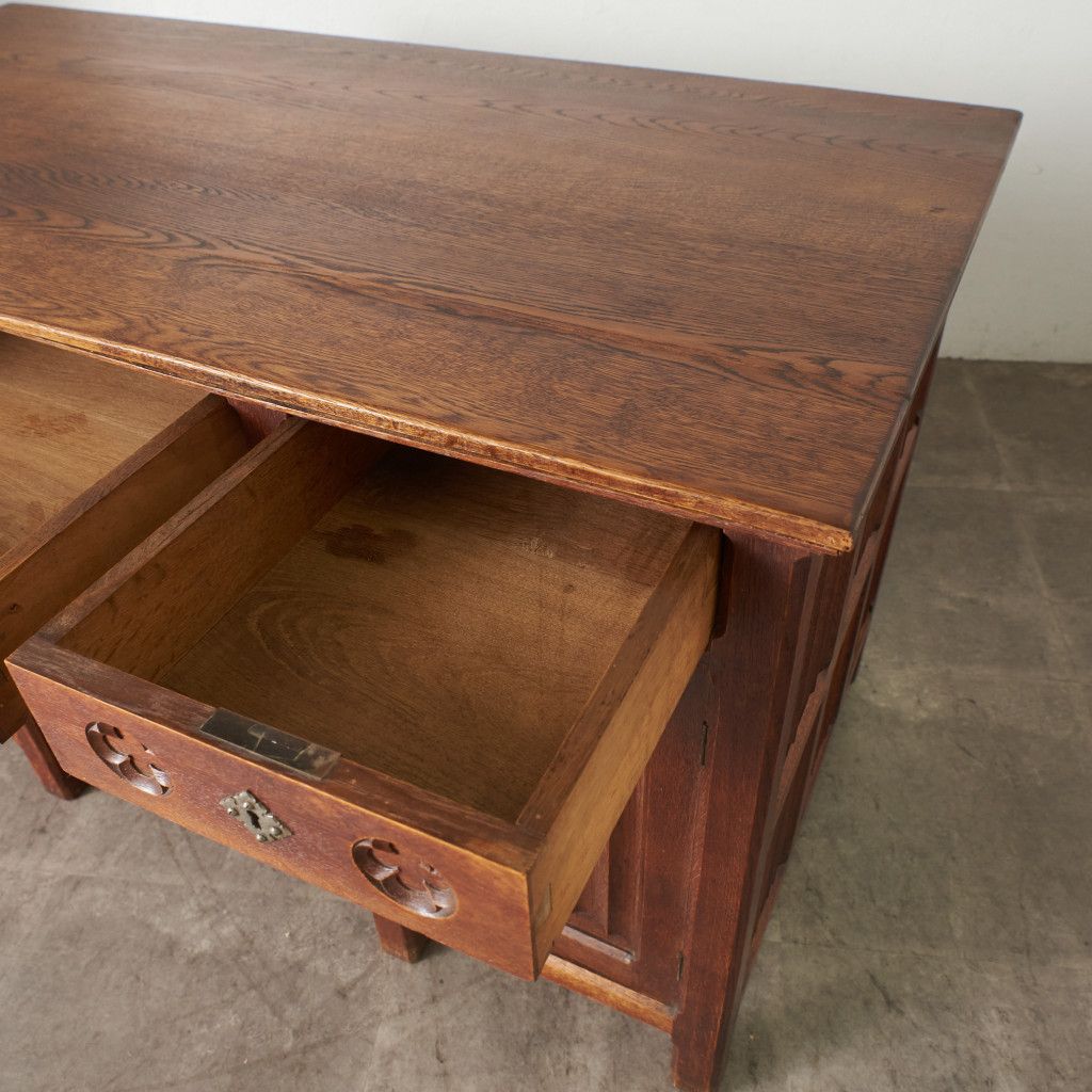 英国 アンティーク 両袖 デスク オーク 無垢材 机 リネンホールド 収納