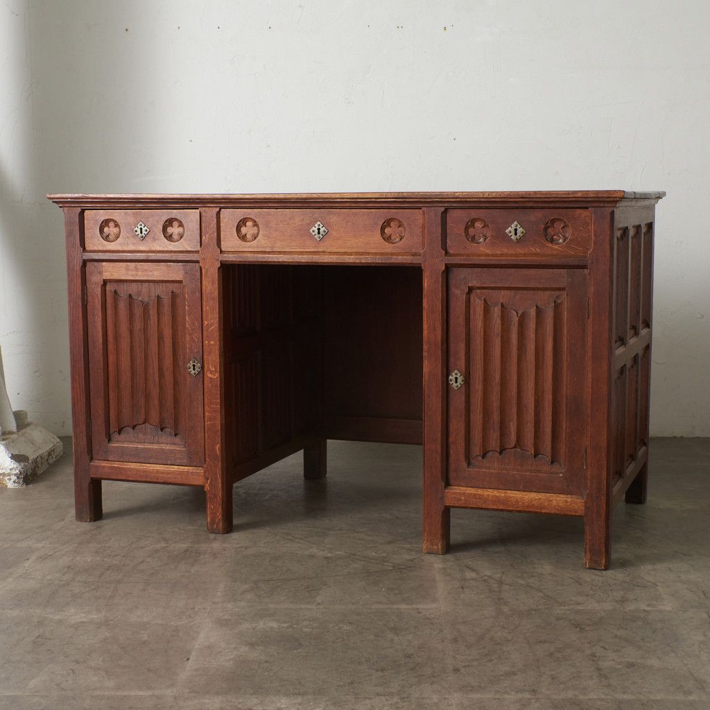 英国 アンティーク 両袖 デスク オーク 無垢材 机 リネンホールド 収納