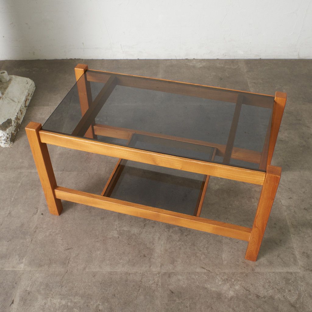 英国 ヴィンテージ ガラストップ コーヒーテーブル 木製 スモーク