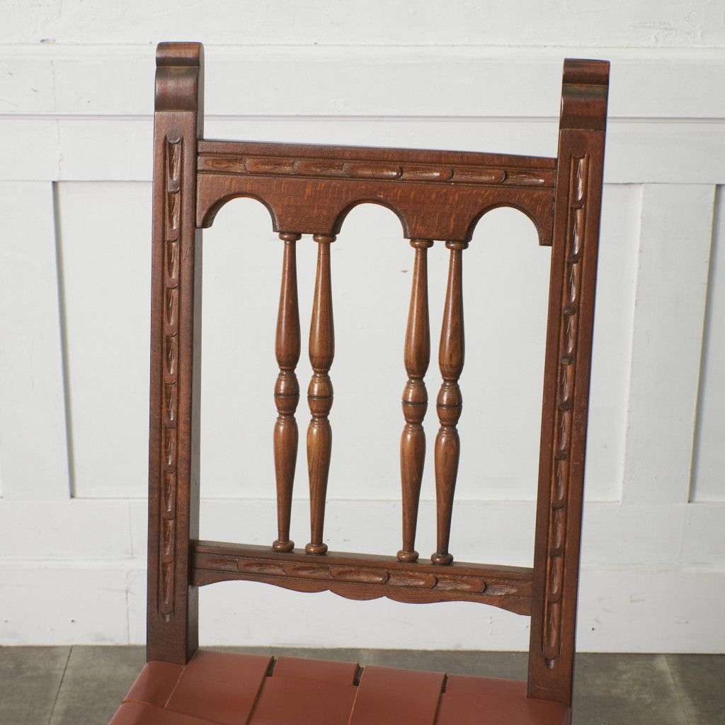 スペイン ヴィンテージ ダイニングチェア 本革 木彫刻 ビーチ 無垢材