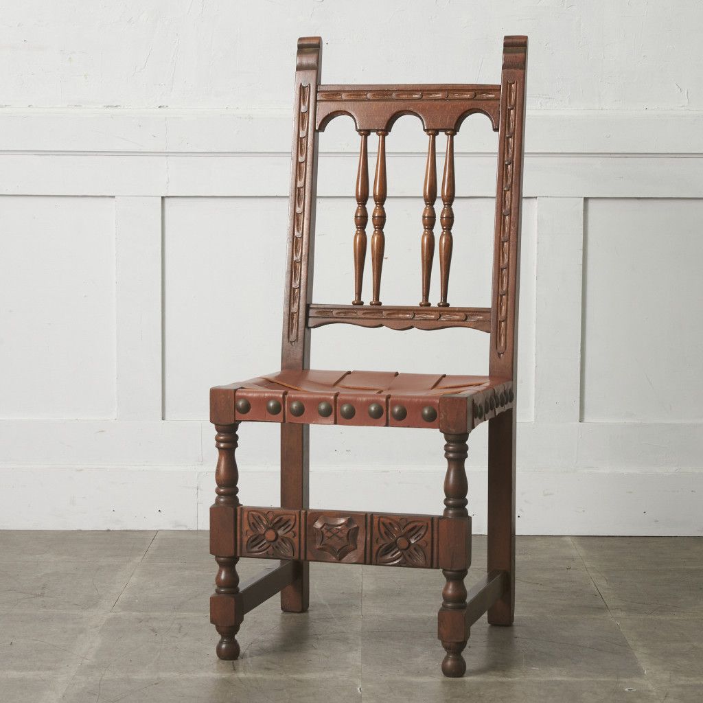 スペイン ヴィンテージ ダイニングチェア 本革 木彫刻 ビーチ 無垢材