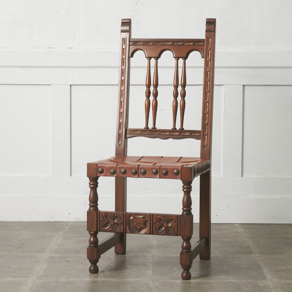 スペイン ヴィンテージ ダイニングチェア 本革 木彫刻 ビーチ 無垢材