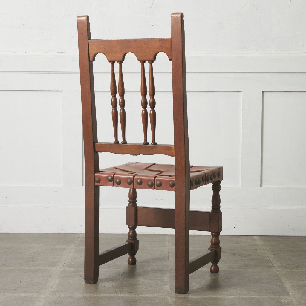 スペイン ヴィンテージ ダイニングチェア 本革 木彫刻 ビーチ 無垢材