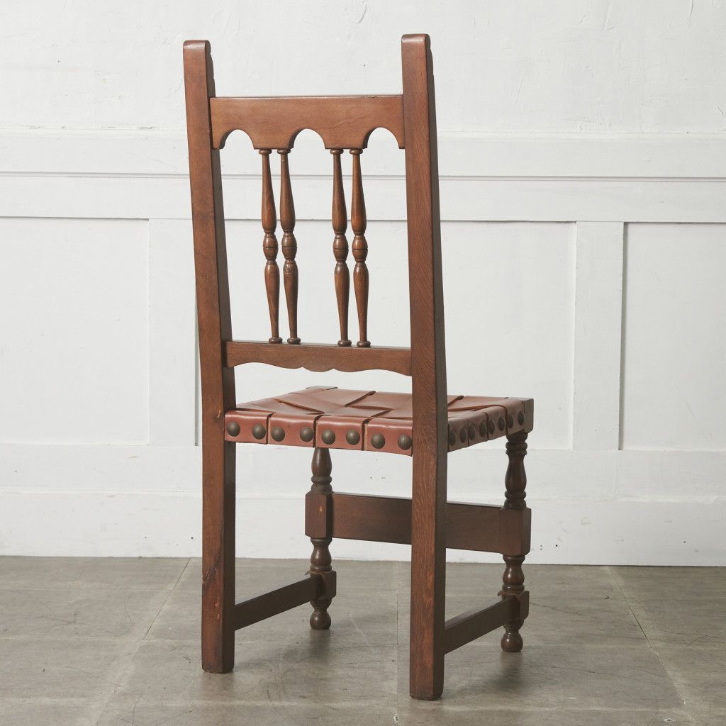 スペイン ヴィンテージ ダイニングチェア 本革 木彫刻 ビーチ 無垢材