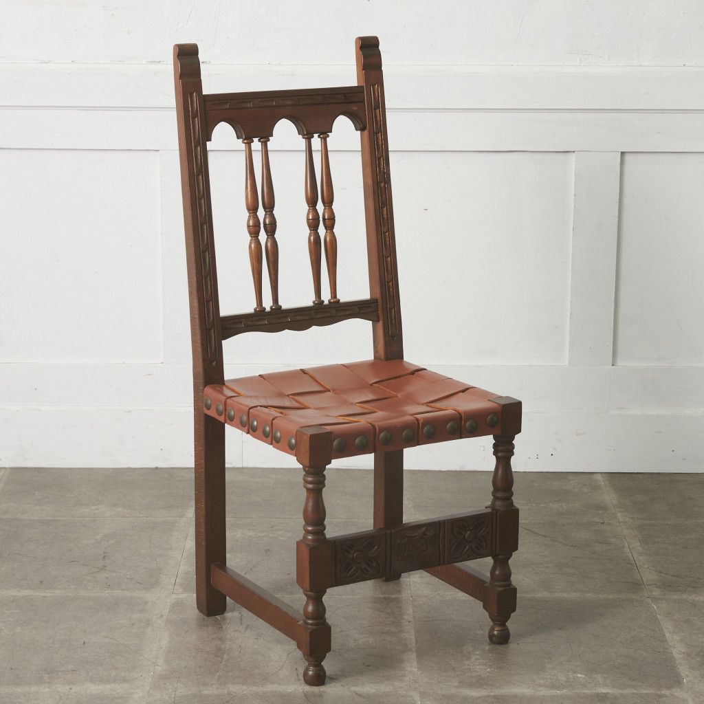 スペイン ヴィンテージ ダイニングチェア 本革 木彫刻 ビーチ 無垢材