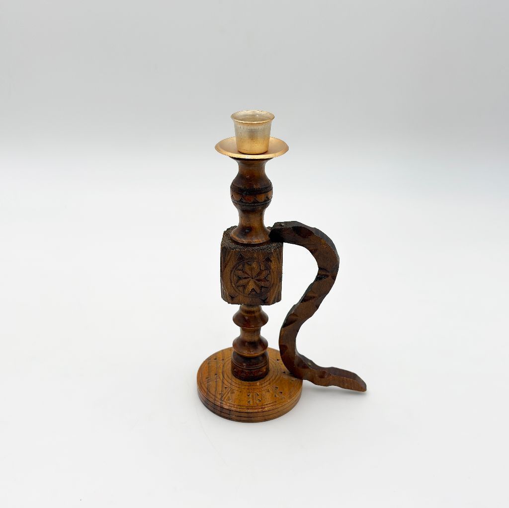 英国 ヴィンテージ 木製 キャンドルスタンド 彫刻 真鍮 燭台 蝋燭立て