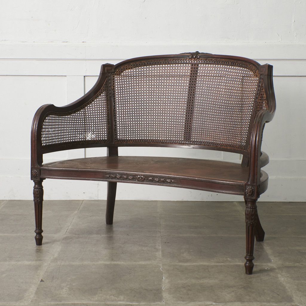 クラシック 籐張り 2人掛け ソファ アームチェア 長椅子 2P ラウンジ