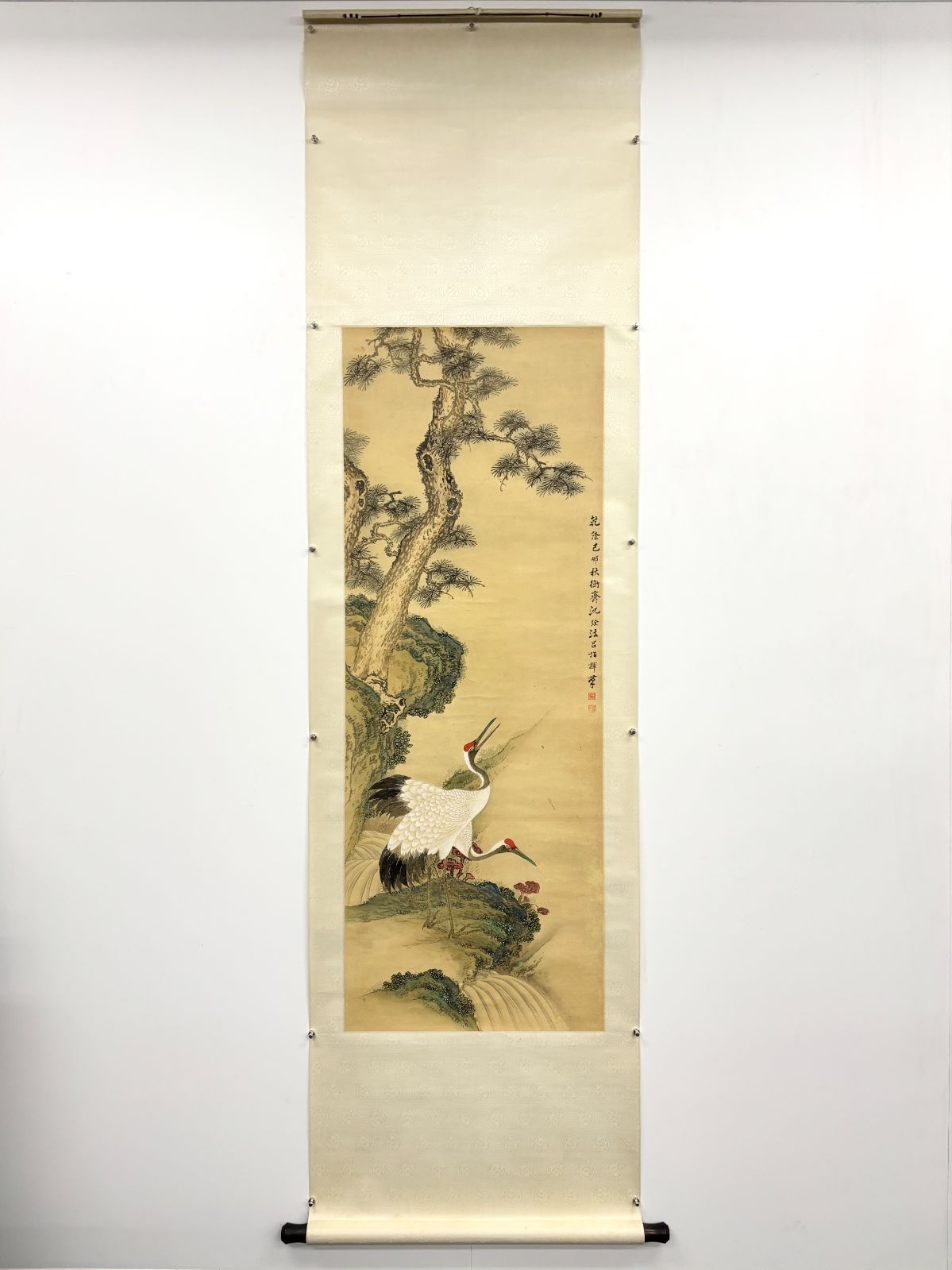 古美術】瀋南屏 「芝鶴延年」掛軸 銘・印あり：松に鶴 縁起物 長寿吉祥