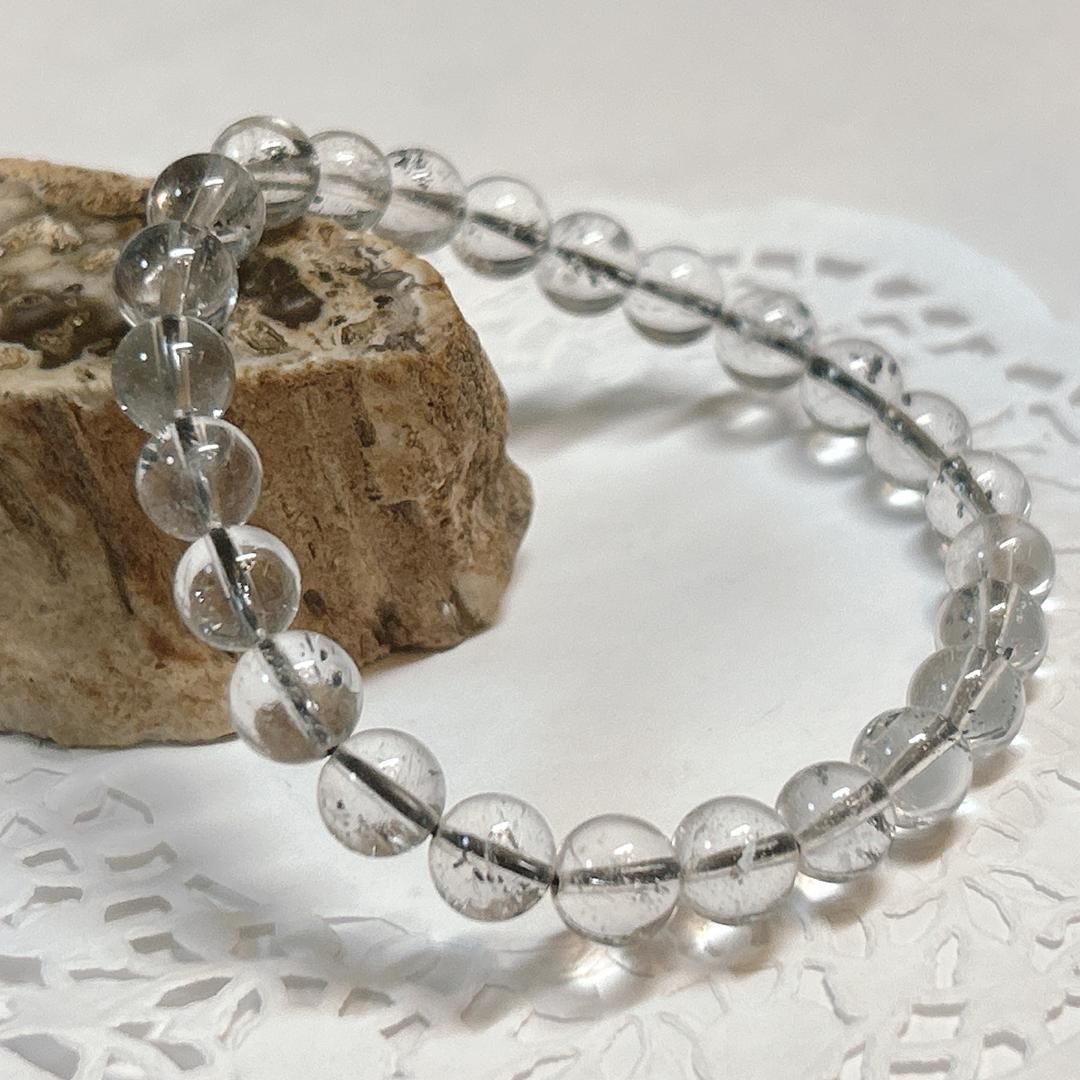  E17805 スティブナイトinクォーツ8㎜ ブレスレット Stibnite in Quartz bracelet デジタル時計 置物 インテリア小物