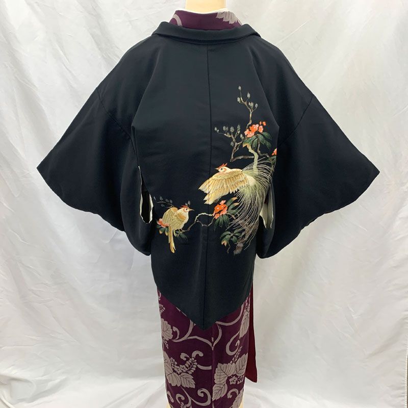 602aa1◇アンティーク黒羽織 尾長鳥 尾長鶏 刺繍 金糸 昭和レトロ 大正