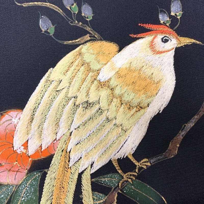 602aa1◇アンティーク黒羽織 尾長鳥 尾長鶏 刺繍 金糸 昭和レトロ 大正